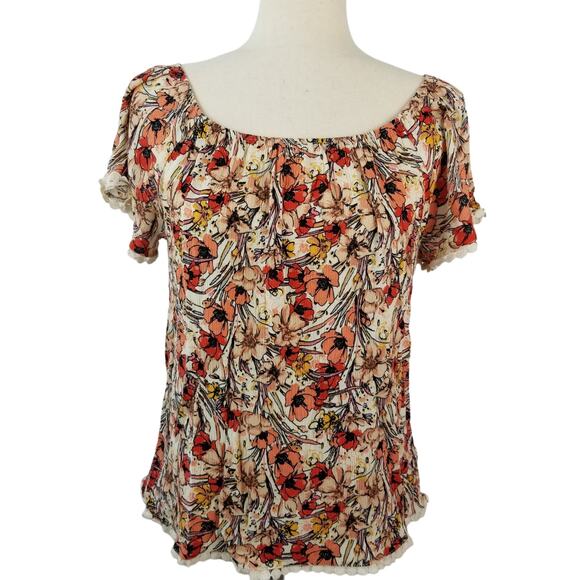 Le Lis Cream Pink Brown Red Coral Elastic Roush Neck Top Boho Shirt Med - Picture 1 of 4